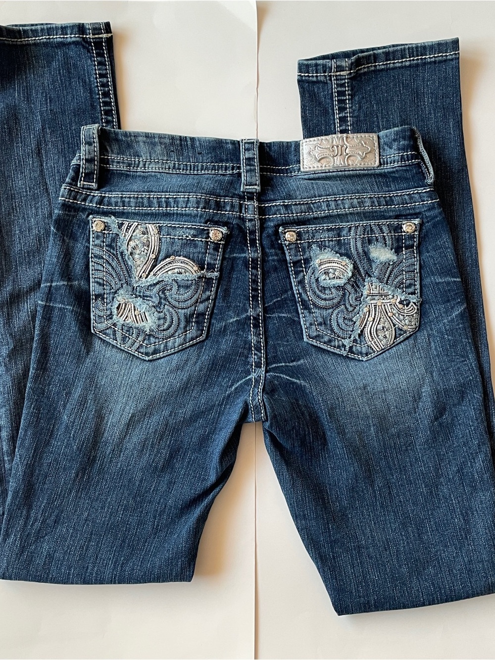 Miss Me Jeans Womens 26 Mid Rise Easy Straight Dark Wash Rhinestone Floral Y2K
